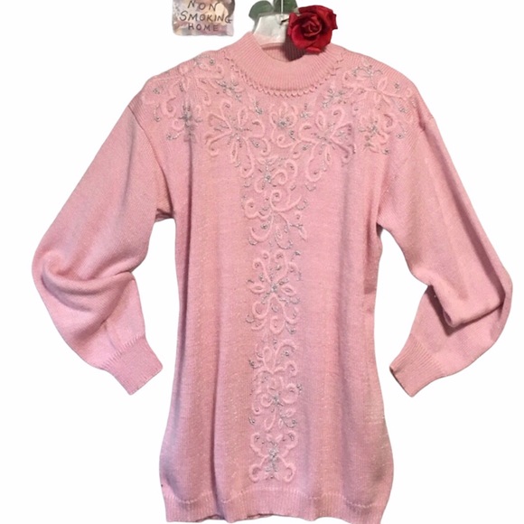 VTG Jaclyn Smith PINK SWEATER EMB SILVER & MOCK CREW TURTLENECK EMB EUC - Picture 3 of 9